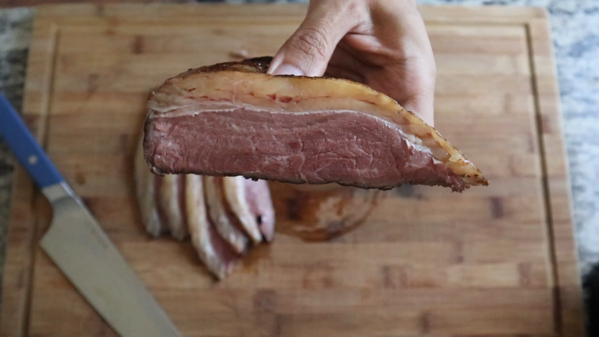 Interior of a sliced cooked picanha